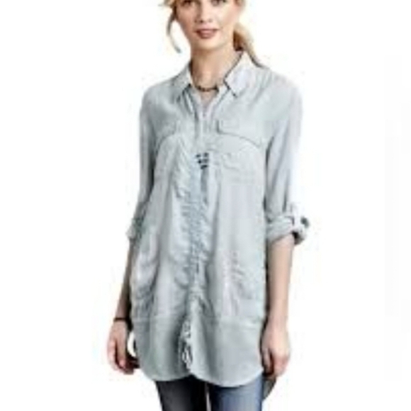 Anthropologie Holding Horses Oversized Button Front Shirt M Mesh Panel Lagenlook - Picture 1 of 10